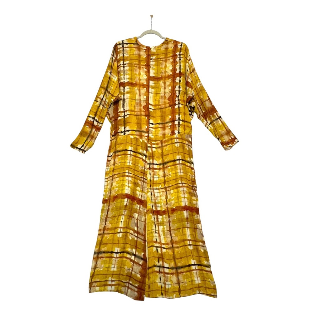 Zara Dress Tie Dye Plaid Print Dolman Sleeve Maxi Mustard Yellow M Blogger Fav - Picture 13 of 16